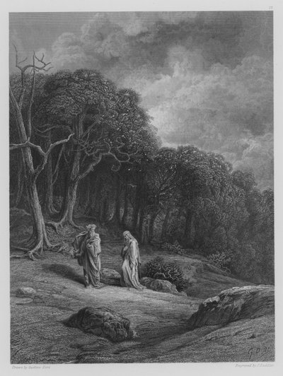 Vivien y Merlín entran en el bosque de Gustave after Dore
